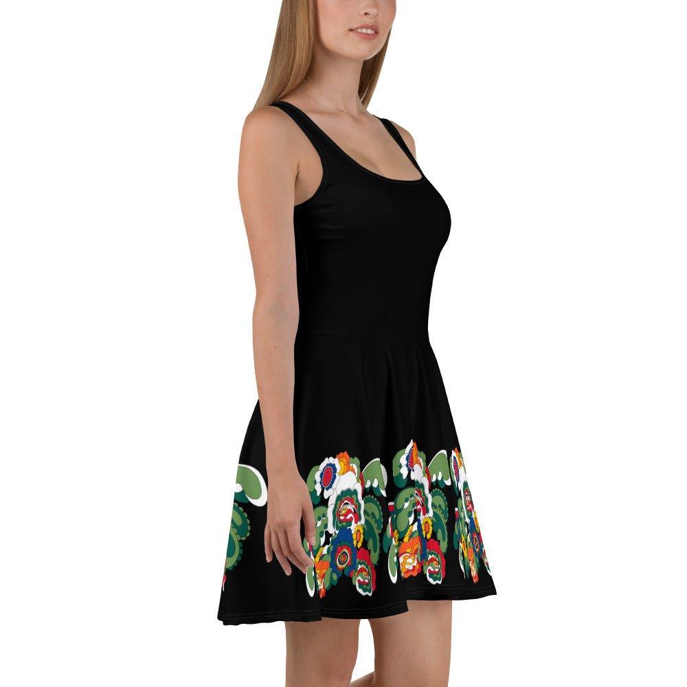 Skater dress - BLACK with GROOVY KURBITS - Folk floral print