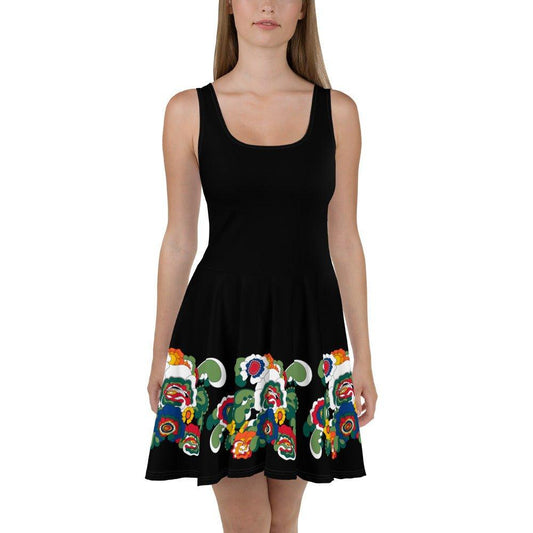 Skater dress - BLACK with GROOVY KURBITS - Folk floral print 3XL