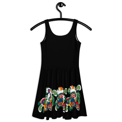 Skater dress - BLACK with GROOVY KURBITS - Folk floral print