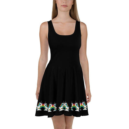 Skater dress - BLACK with UNIQUE - Unicorns and rainbows print 3XL