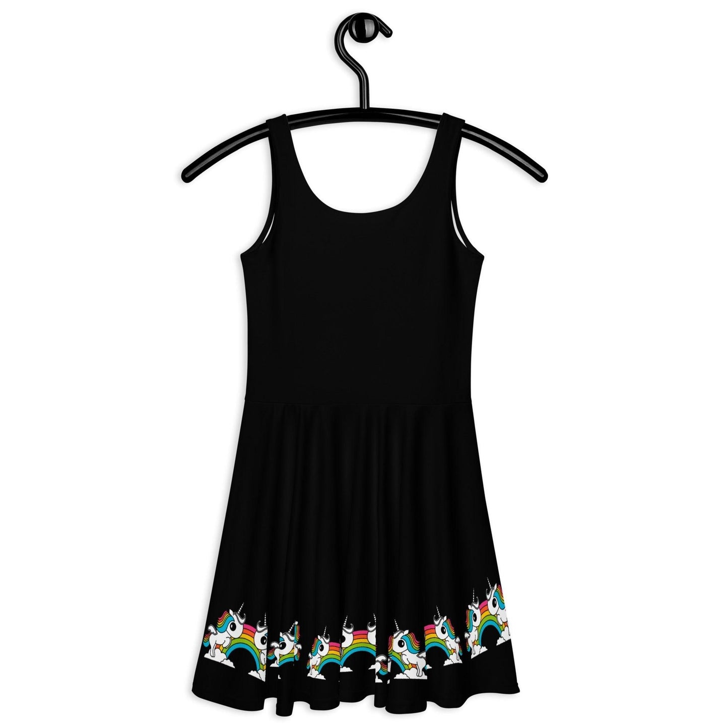 Skater dress - BLACK with UNIQUE - Unicorns and rainbows print