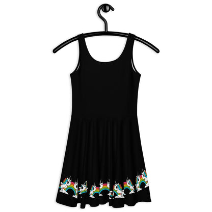 Skater dress - BLACK with UNIQUE - Unicorns and rainbows print