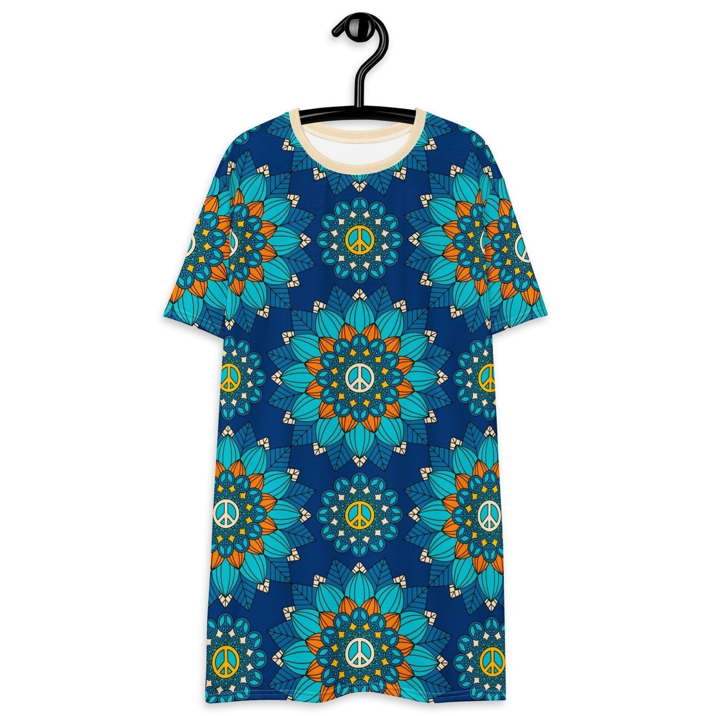 T-shirt dress - BLOOM WITH PEACE orange blue - Flowers and peace print 6XL