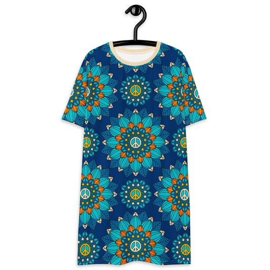 T-shirt dress - BLOOM WITH PEACE orange blue - Flowers and peace print 6XL