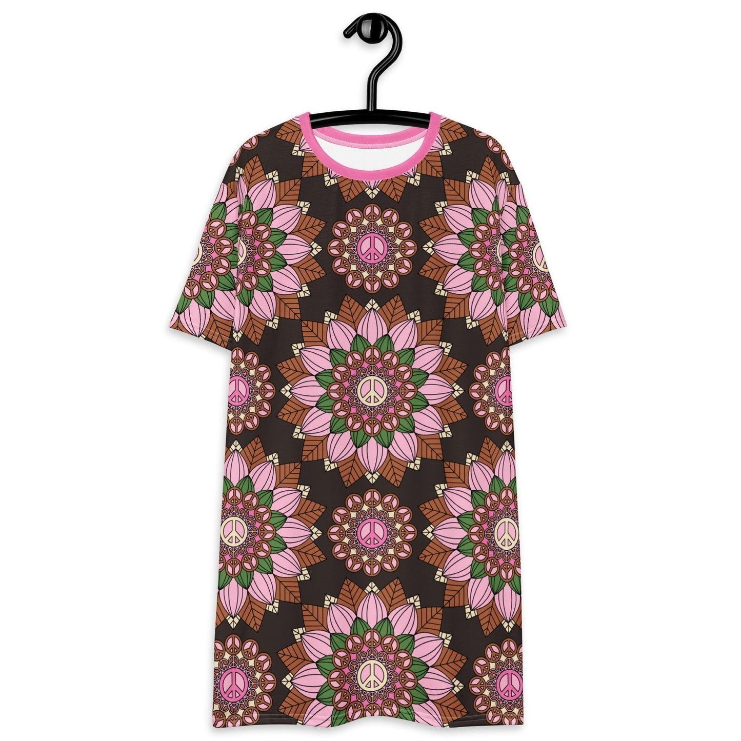 T-shirt dress - BLOOM WITH PEACE pink brown - Flowers and peace print 6XL