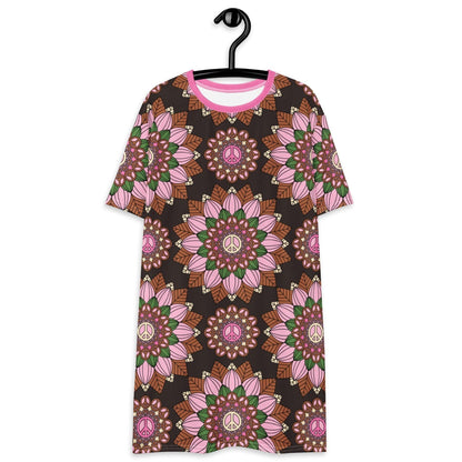 T-shirt dress - BLOOM WITH PEACE pink brown - Flowers and peace print 6XL