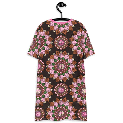 T-shirt dress - BLOOM WITH PEACE pink brown - Flowers and peace print