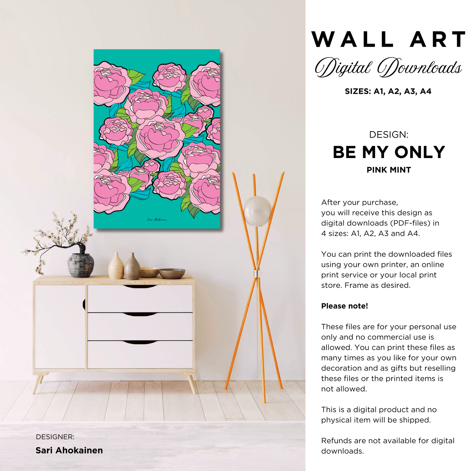 DIGITAL WALL ART - BE MY ONLY pink mint - Bold pink peony print