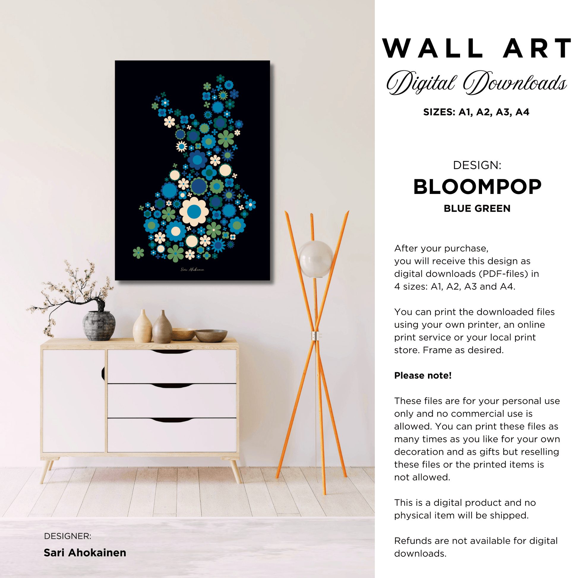 DIGITAL WALL ART - BLOOMPOP blue green - Colorful bloom print