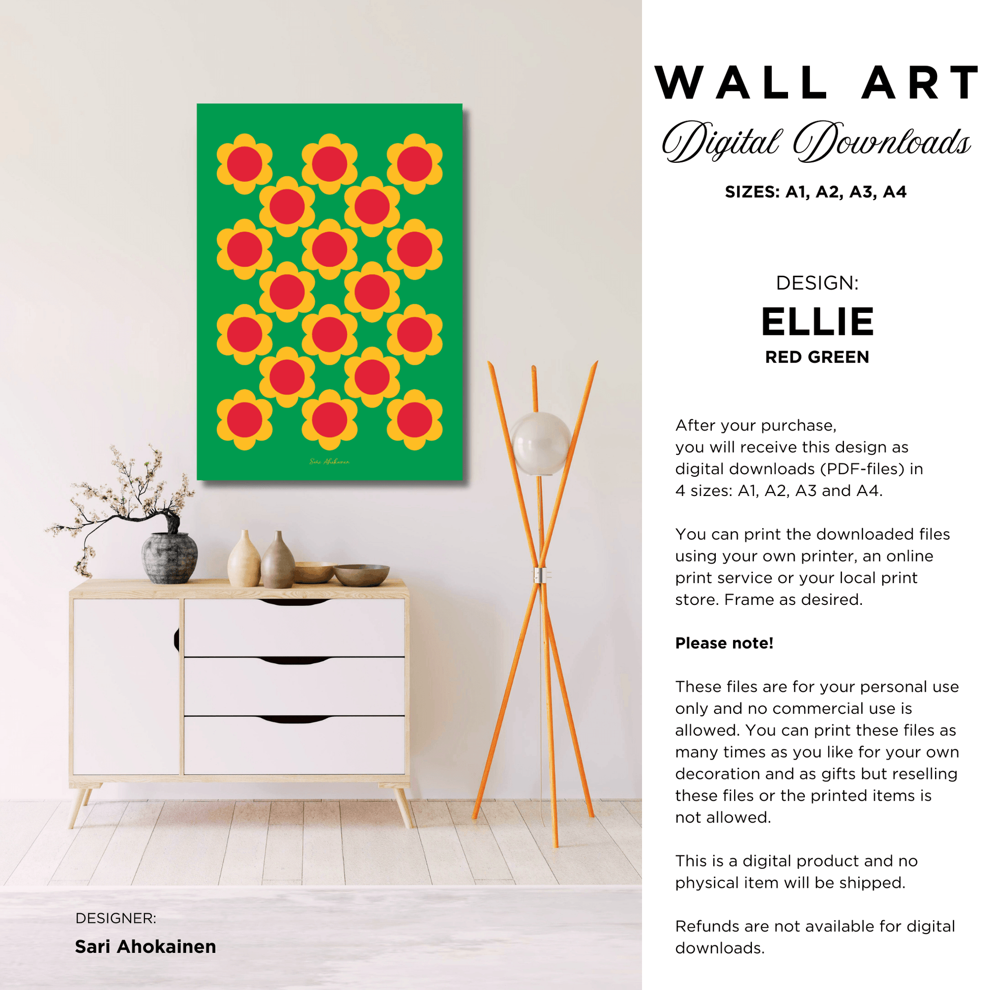 DIGITAL WALL ART - ELLIE red green - Classic floral print