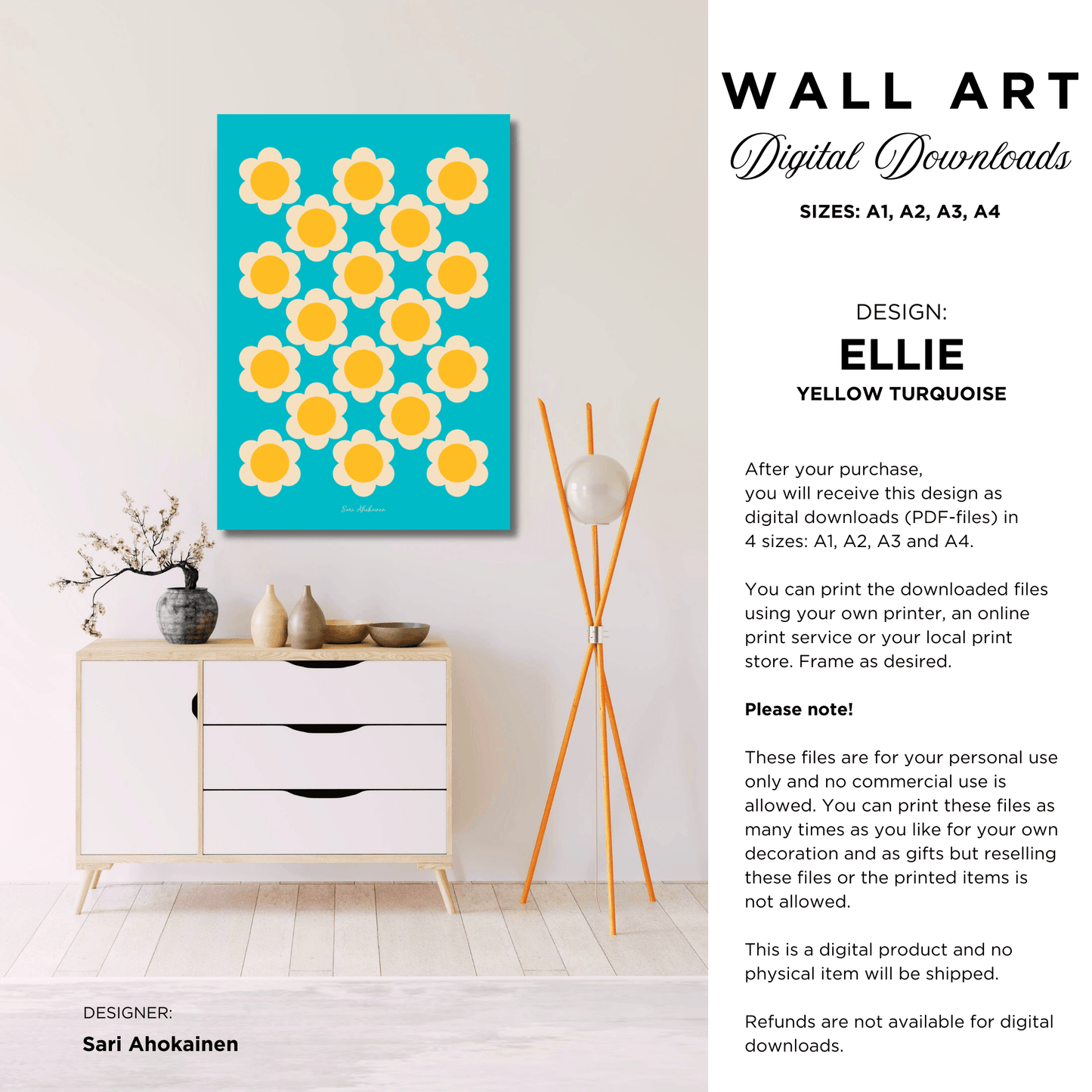 DIGITAL WALL ART - ELLIE yellow turquoise - Classic floral print
