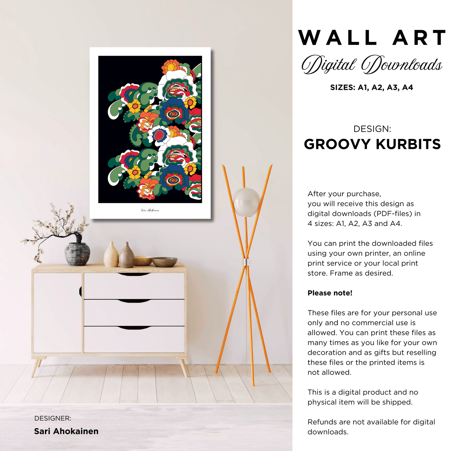 DIGITAL WALL ART - GROOVY KURBITS - Folk floral print