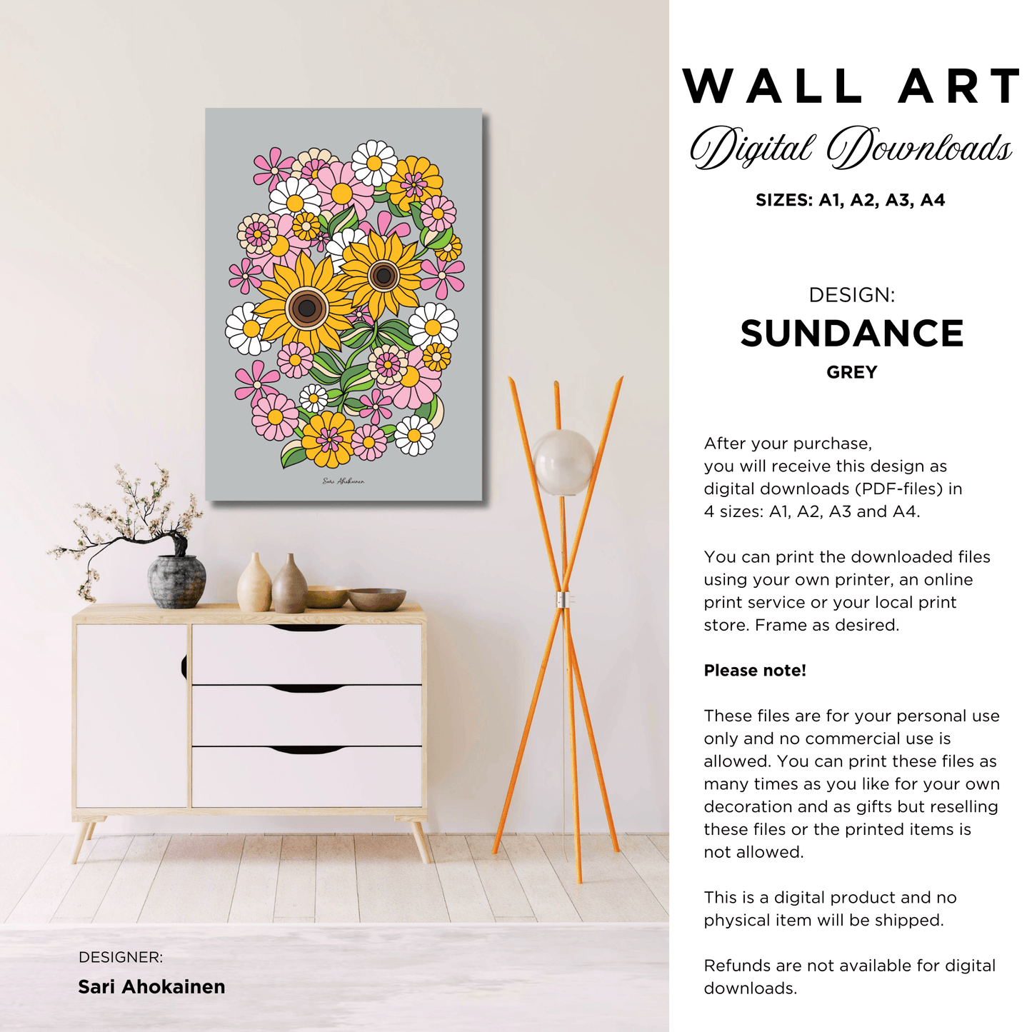 DIGITAL WALL ART - SUNDANCE grey - Bold sunflower print