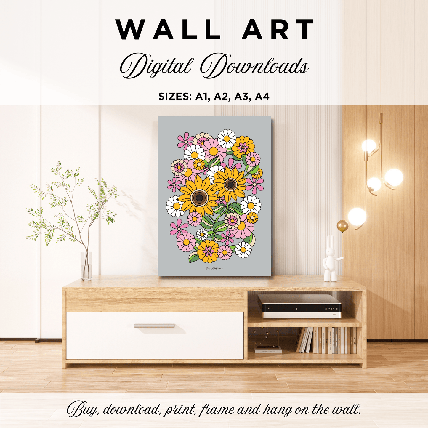 DIGITAL WALL ART - SUNDANCE grey - Bold sunflower print