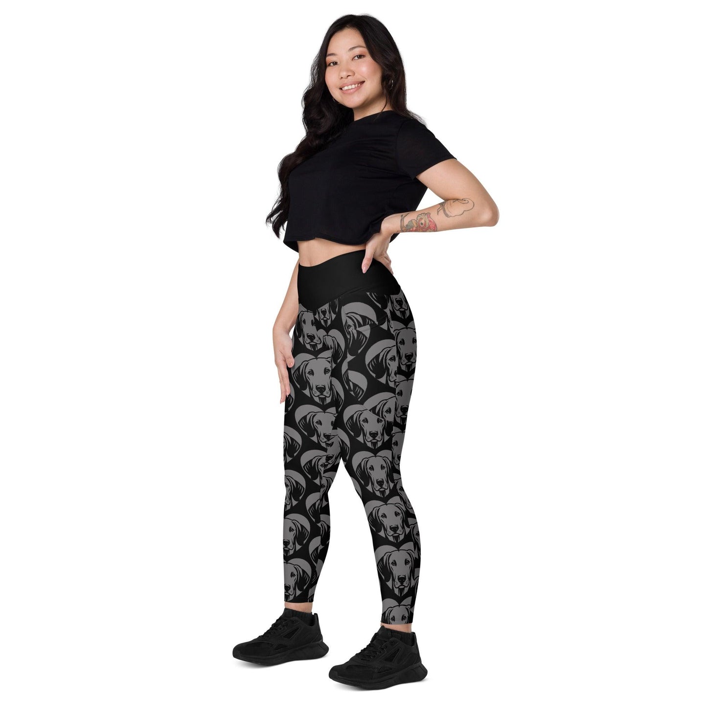 Dog breed leggings with pockets - AMERICAN FOXHOUND - HERTTAHOUND - grey - Retro floral print
