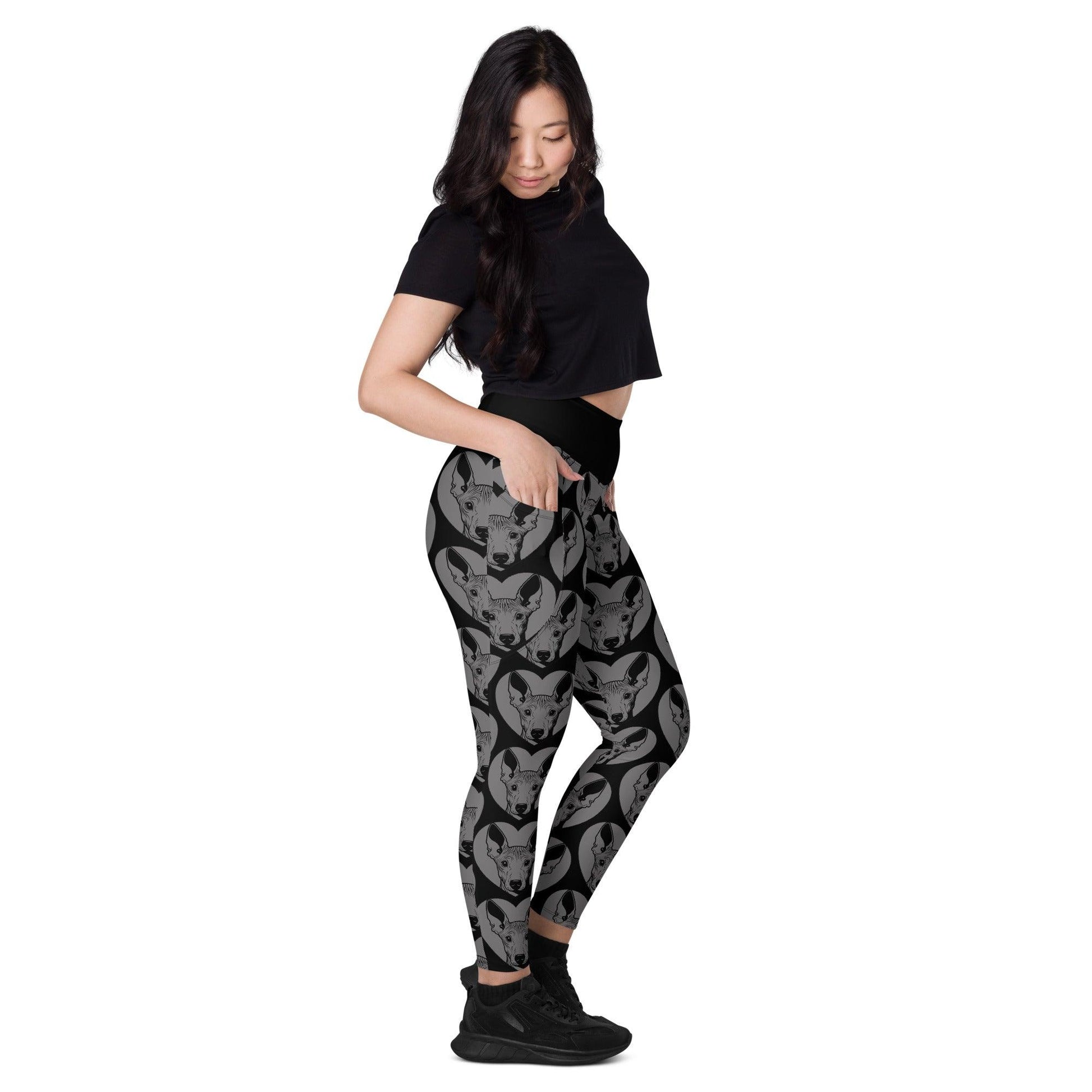 Dog breed leggings with pockets - AMERICAN HAIRLESS TERRIER - HERTTAHOUND - grey - Retro floral print
