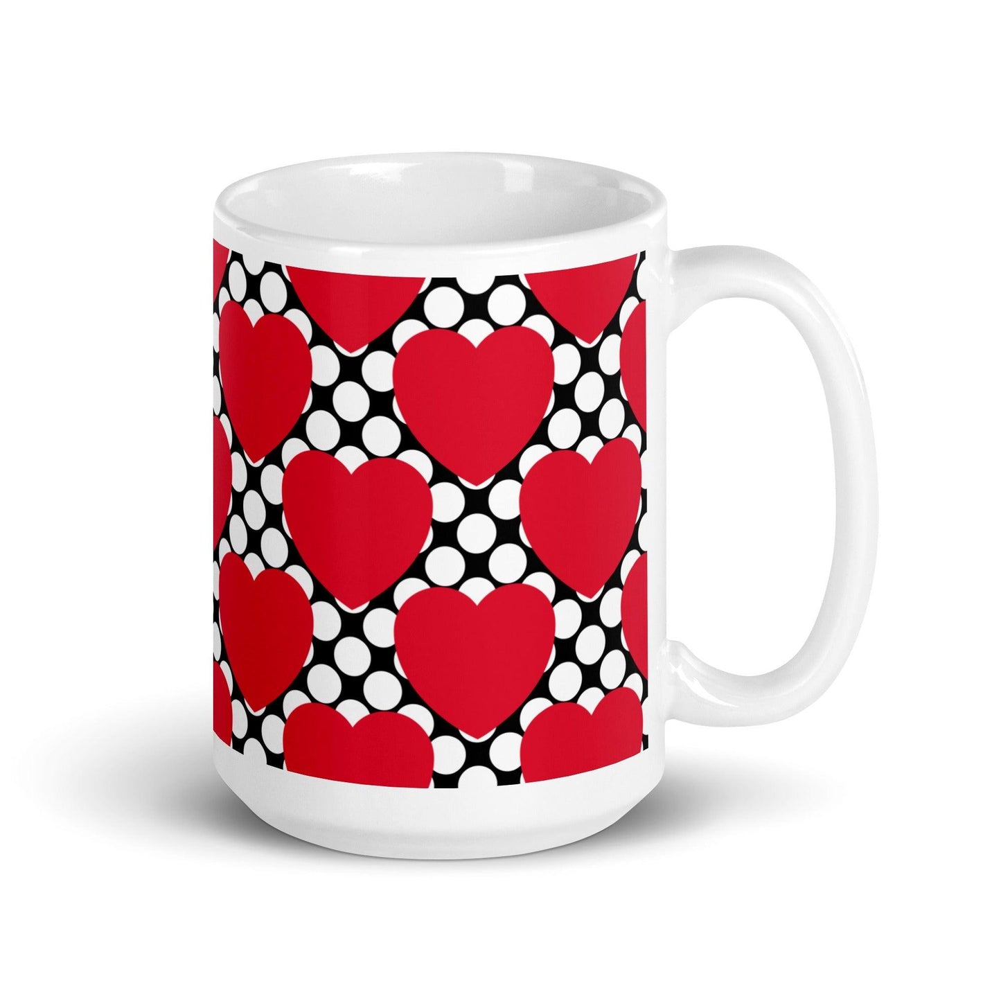 Mug - ELLIE LOVE DOT red black - Bold heart print 15 oz
