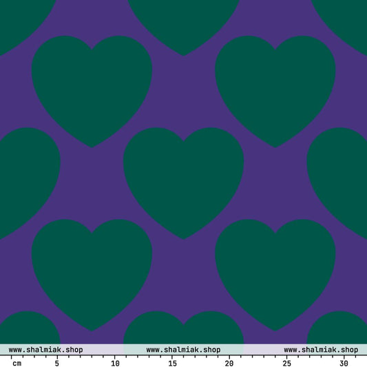 Fabric - ELLIE LOVE green purple - Bold Heart Print
