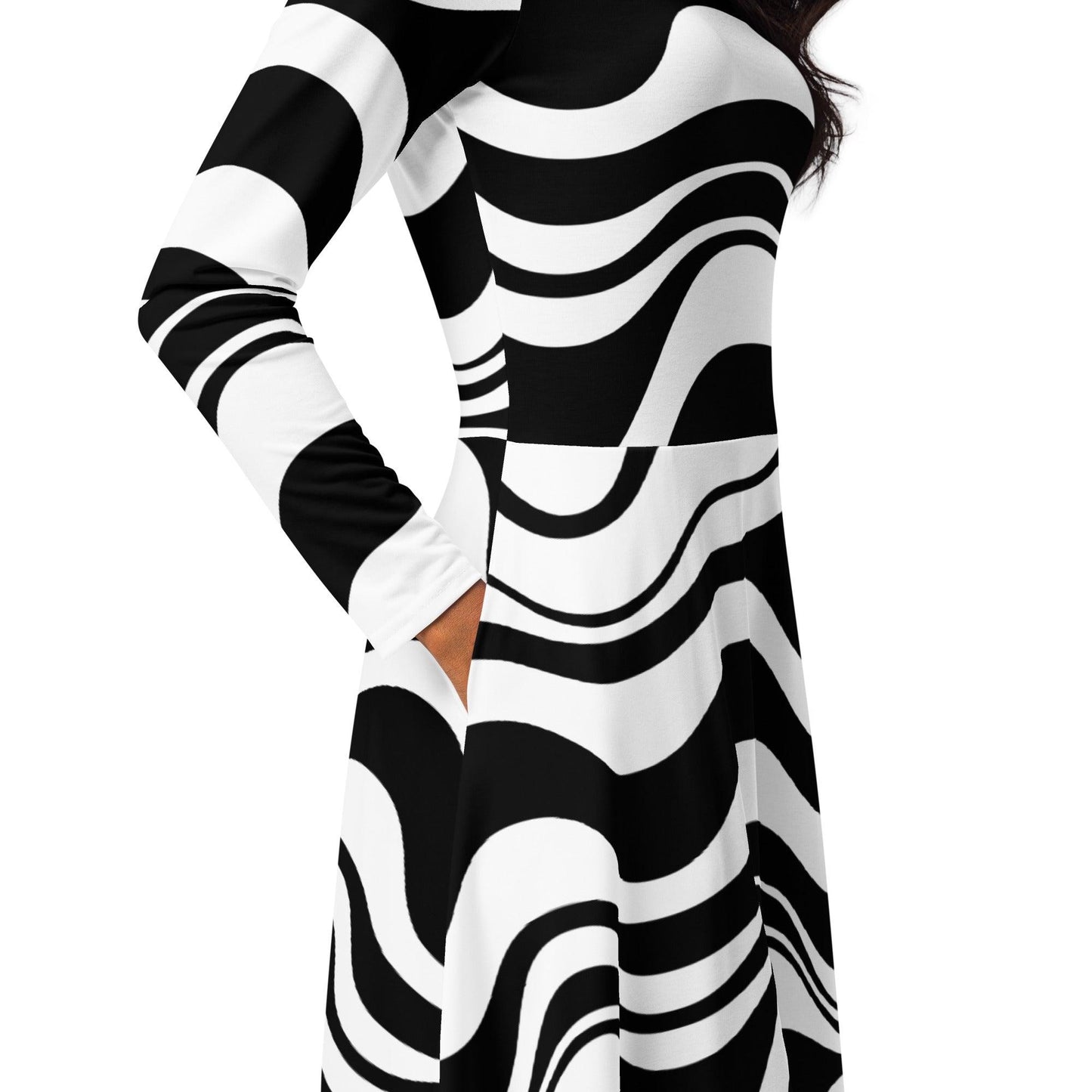 Midi dress - ENERGY WAVES black - Wavy stripe print