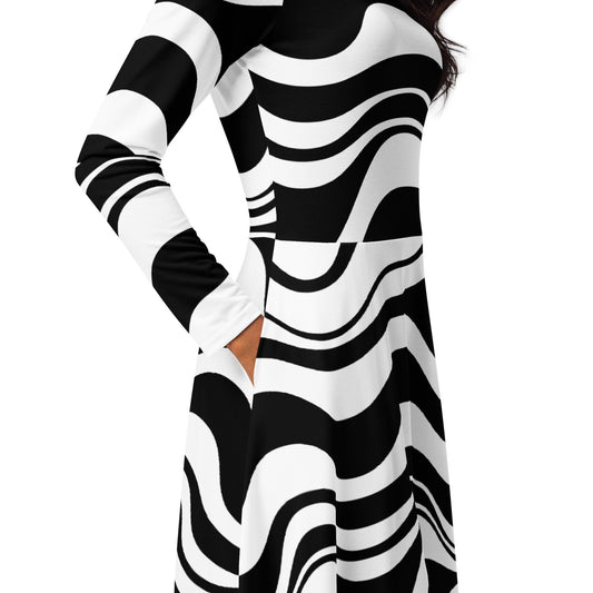 Midi dress - ENERGY WAVES black - Wavy stripe print