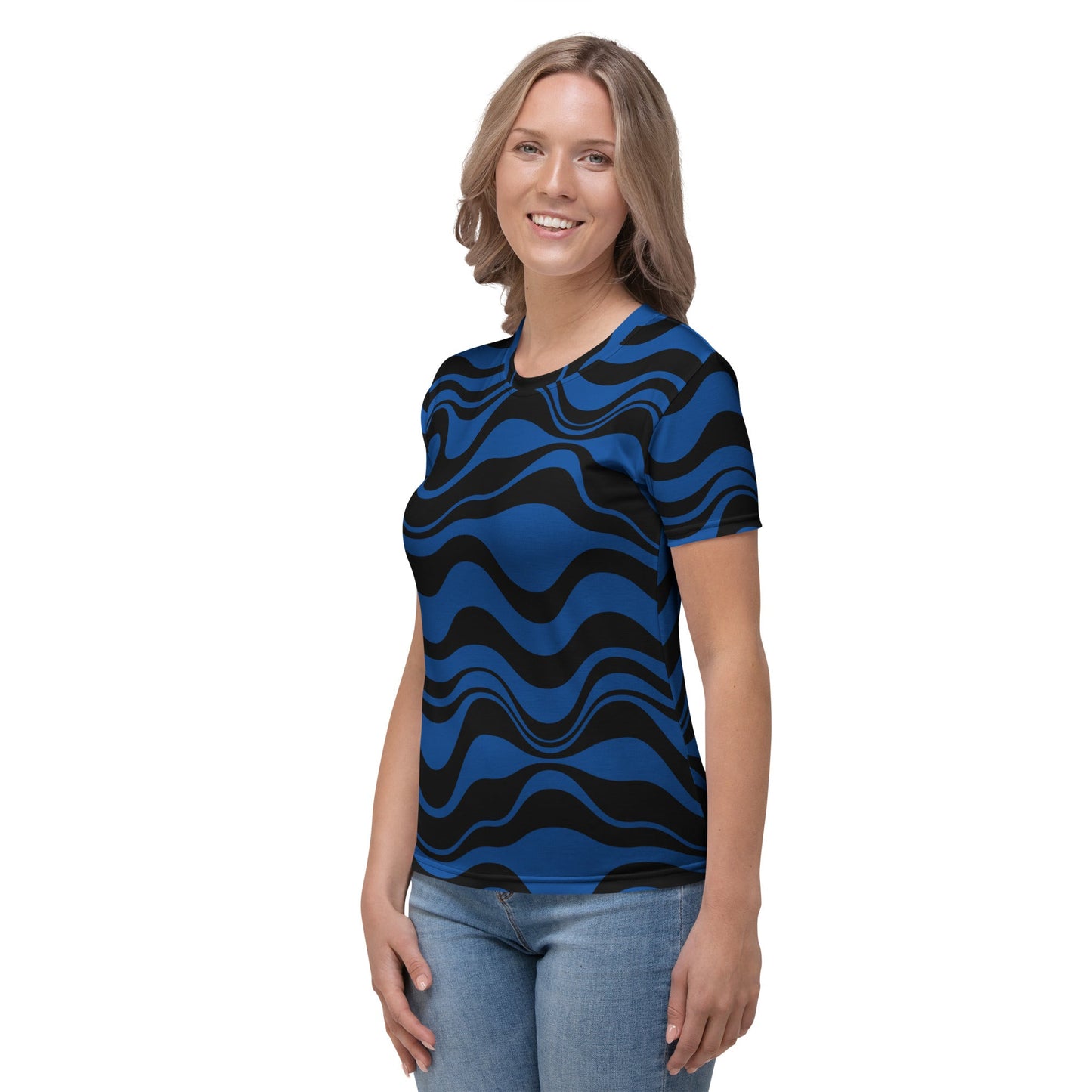 Woman's t-shirt - ENERGY WAVES blue black - Wavy stripe print