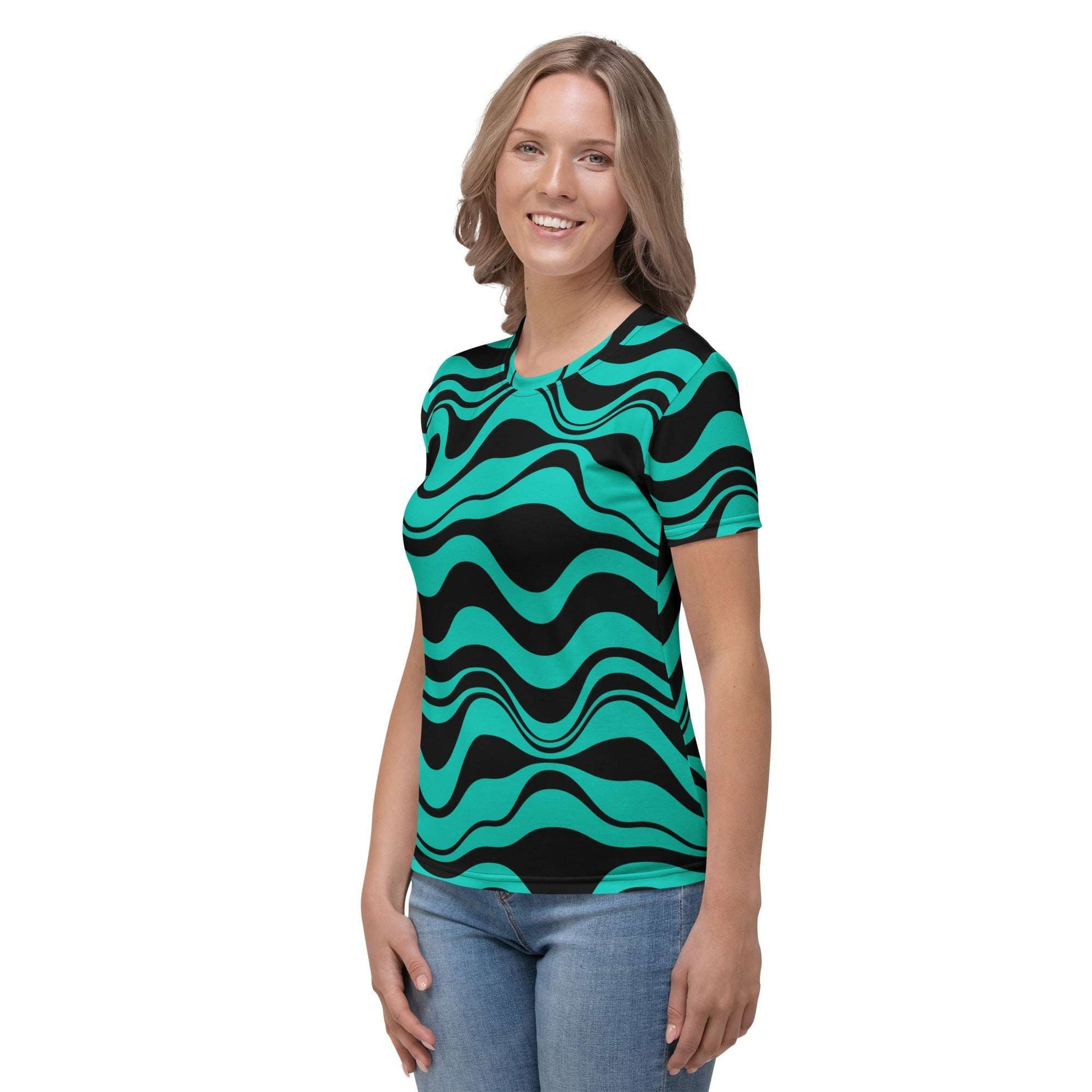 Woman's t-shirt - ENERGY WAVES mint black - Wavy stripe print