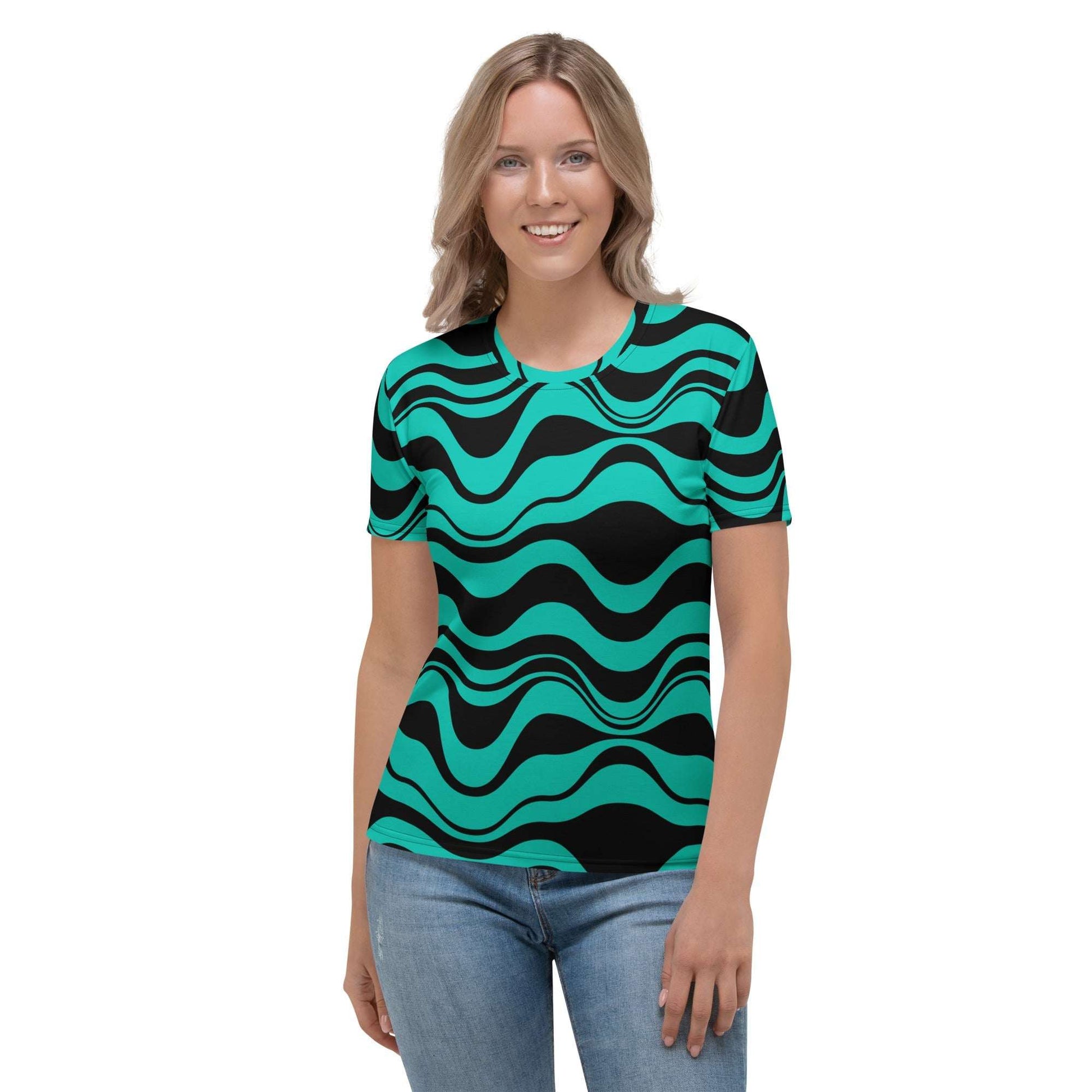 Woman's t-shirt - ENERGY WAVES mint black - Wavy stripe print