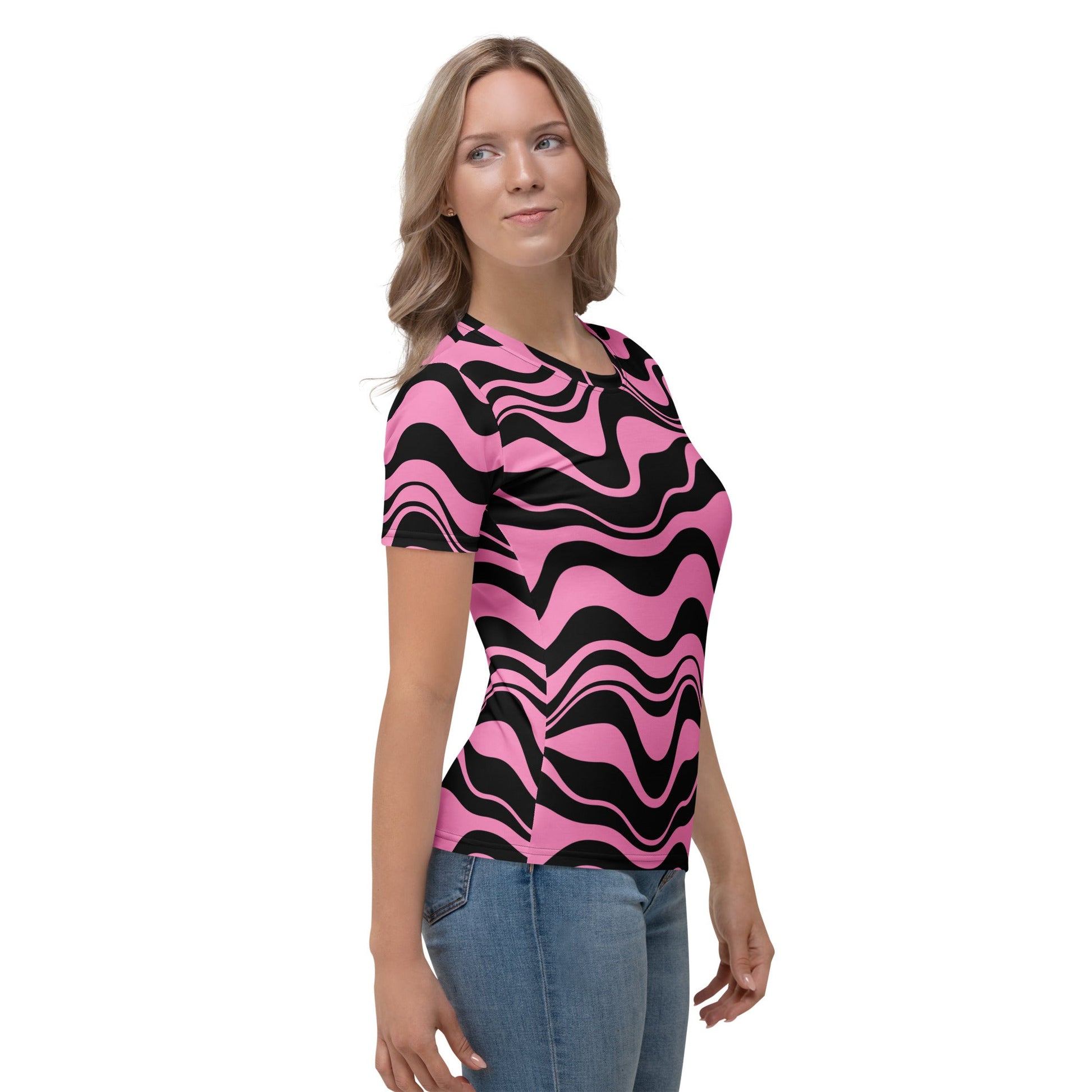 Woman's t-shirt - ENERGY WAVES pink black - Wavy stripe print