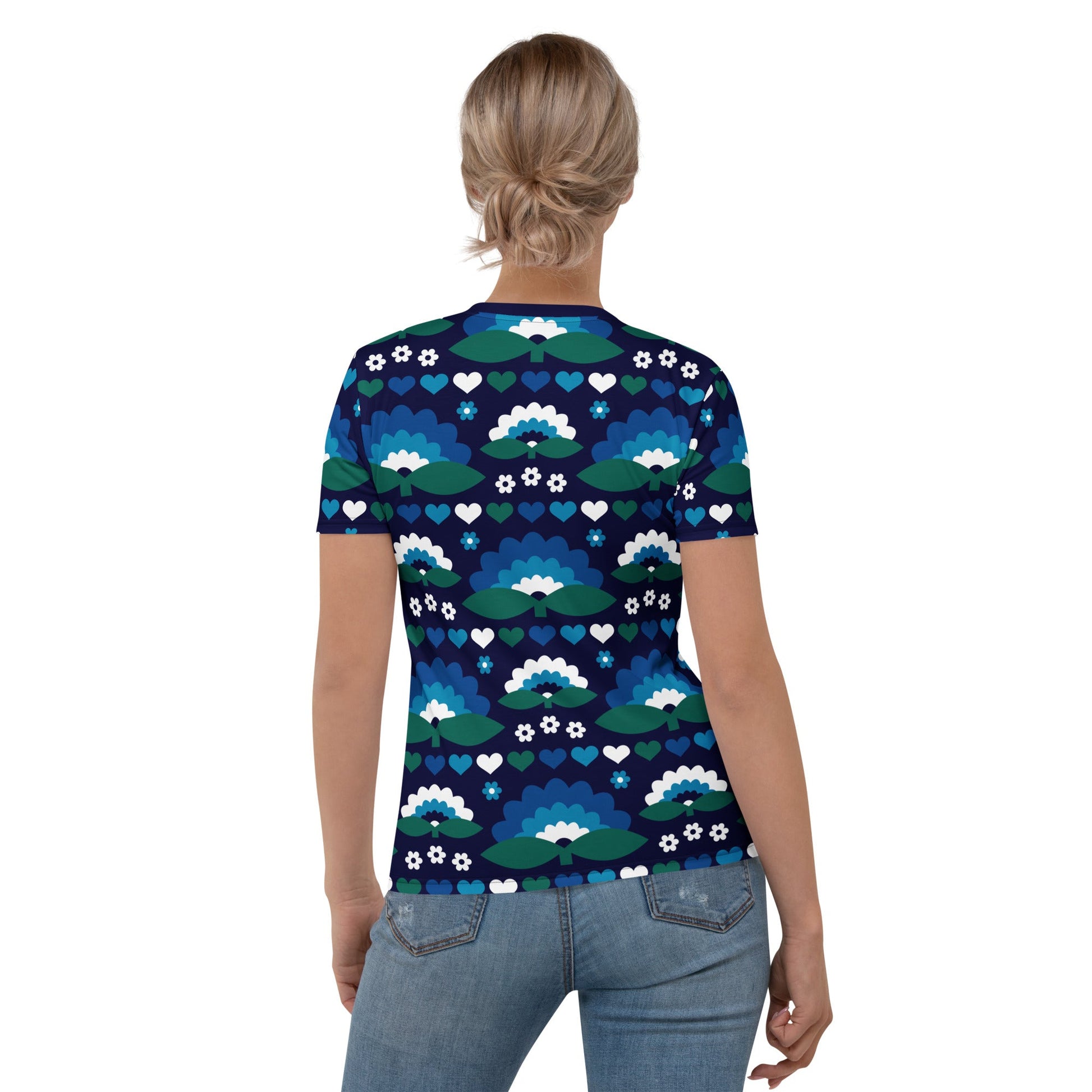 Woman's t-shirt - FALL IN LOVE magic blue - Elegant flower and heart print