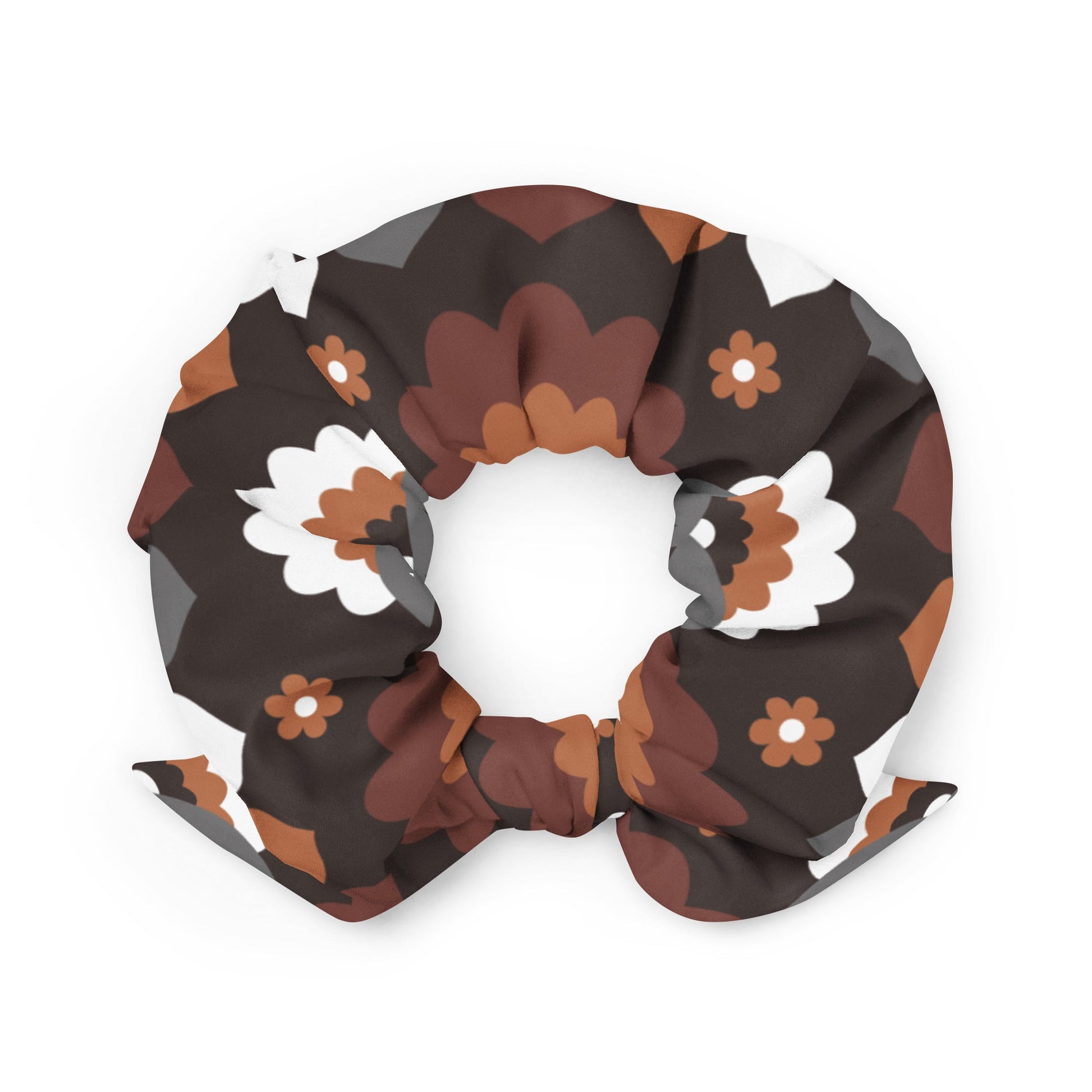 Scrunchie - FALL IN LOVE mocca - Elegant flower and heart print