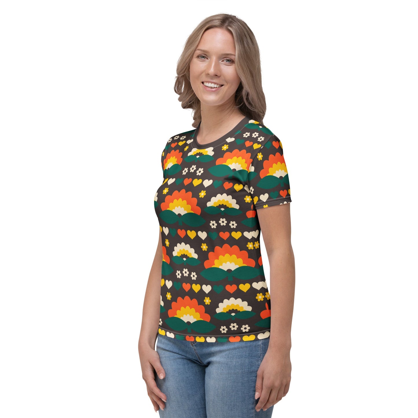 Woman's t-shirt - FALL IN LOVE orange brown - Elegant flower and heart print