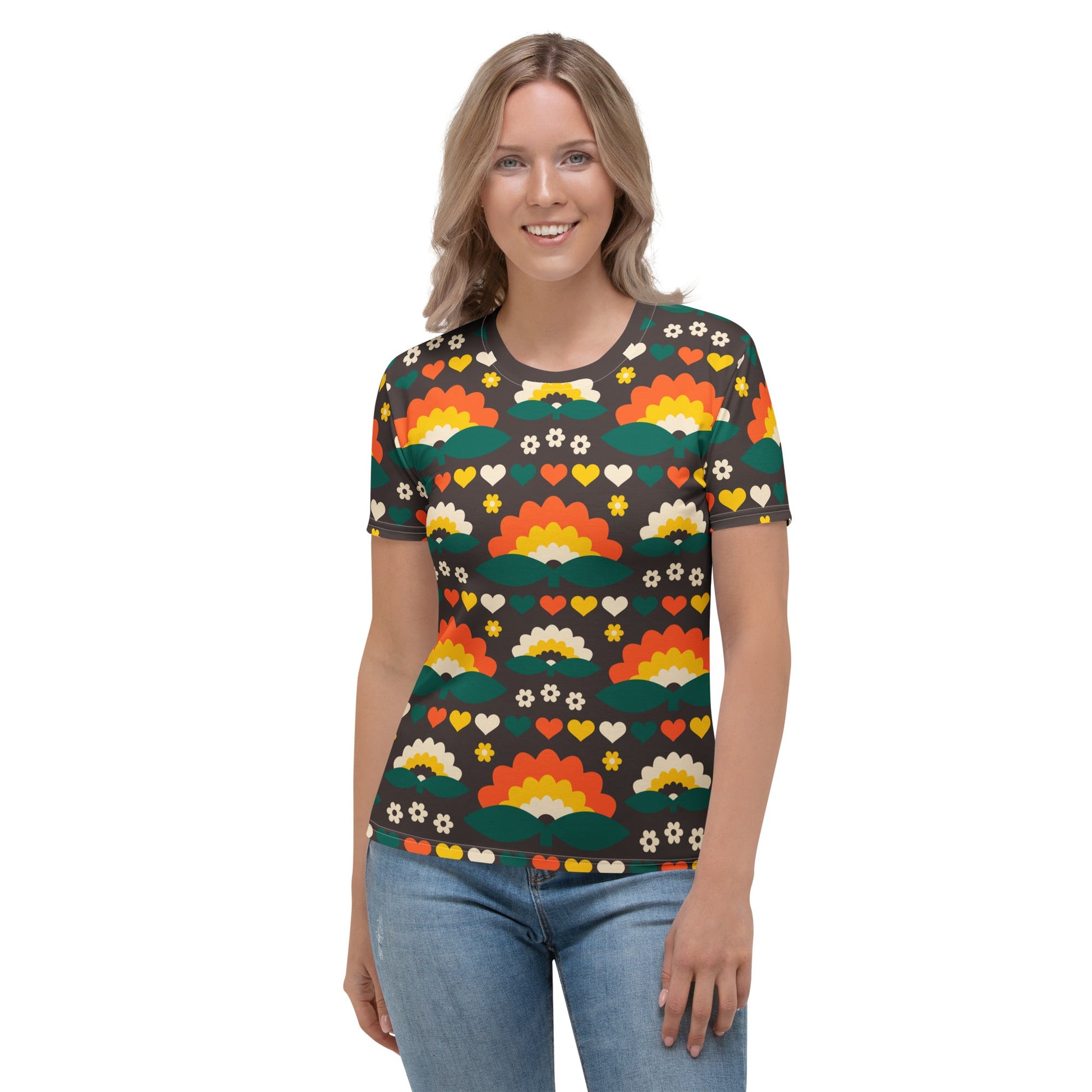Woman's t-shirt - FALL IN LOVE orange brown - Elegant flower and heart print