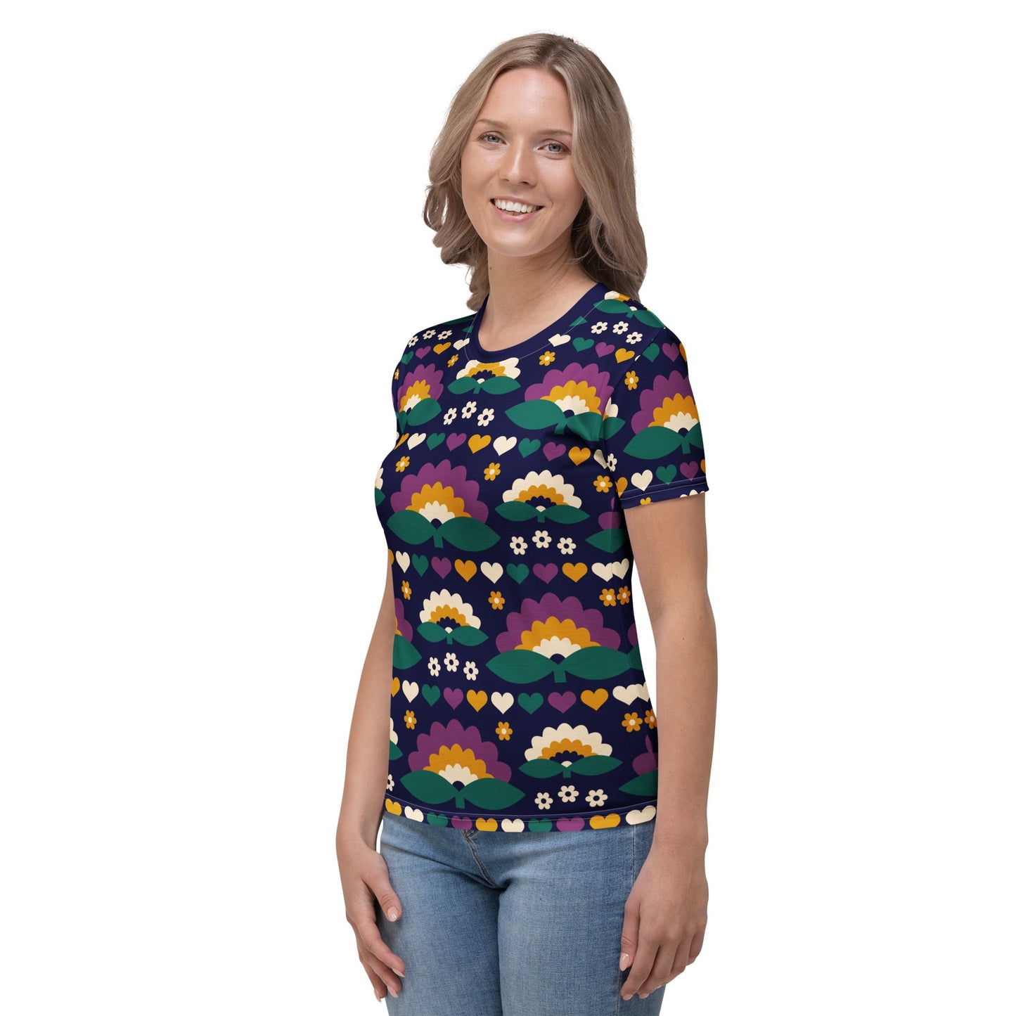 Woman's t-shirt - FALL IN LOVE purple - Elegant flower and heart print
