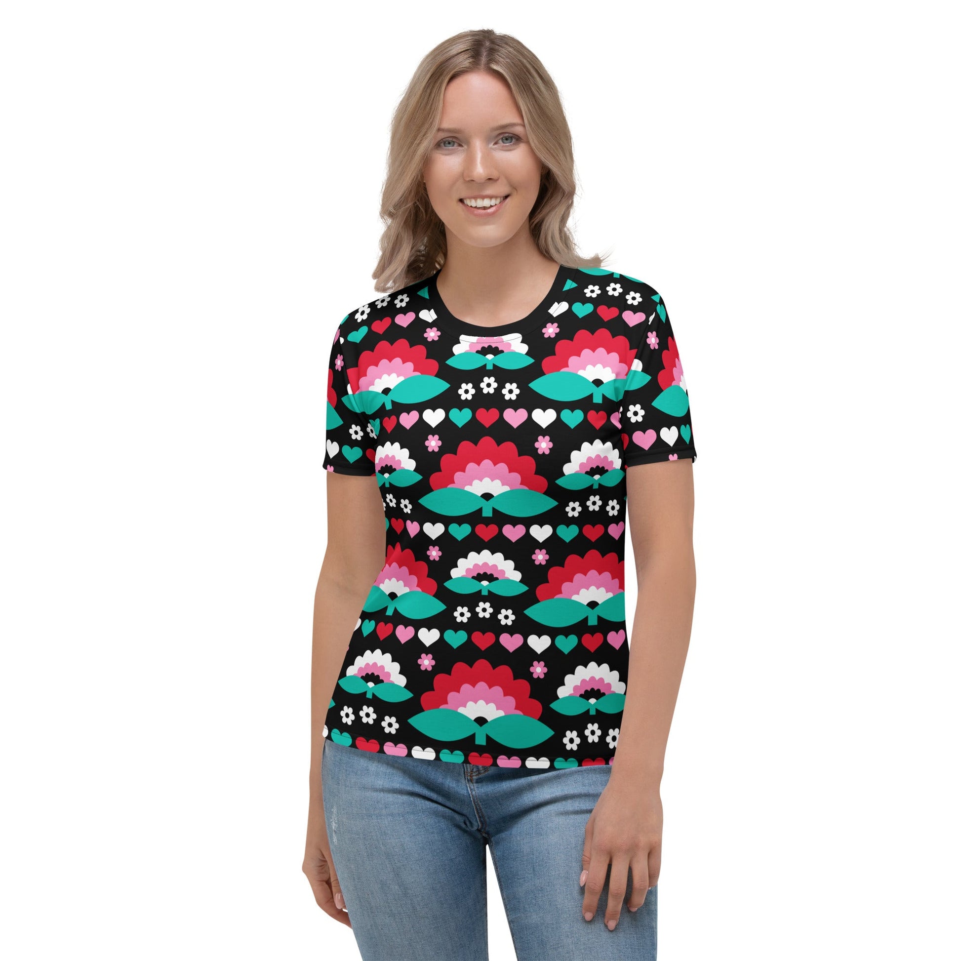 Woman's t-shirt - FALL IN LOVE red - Elegant flower and heart print