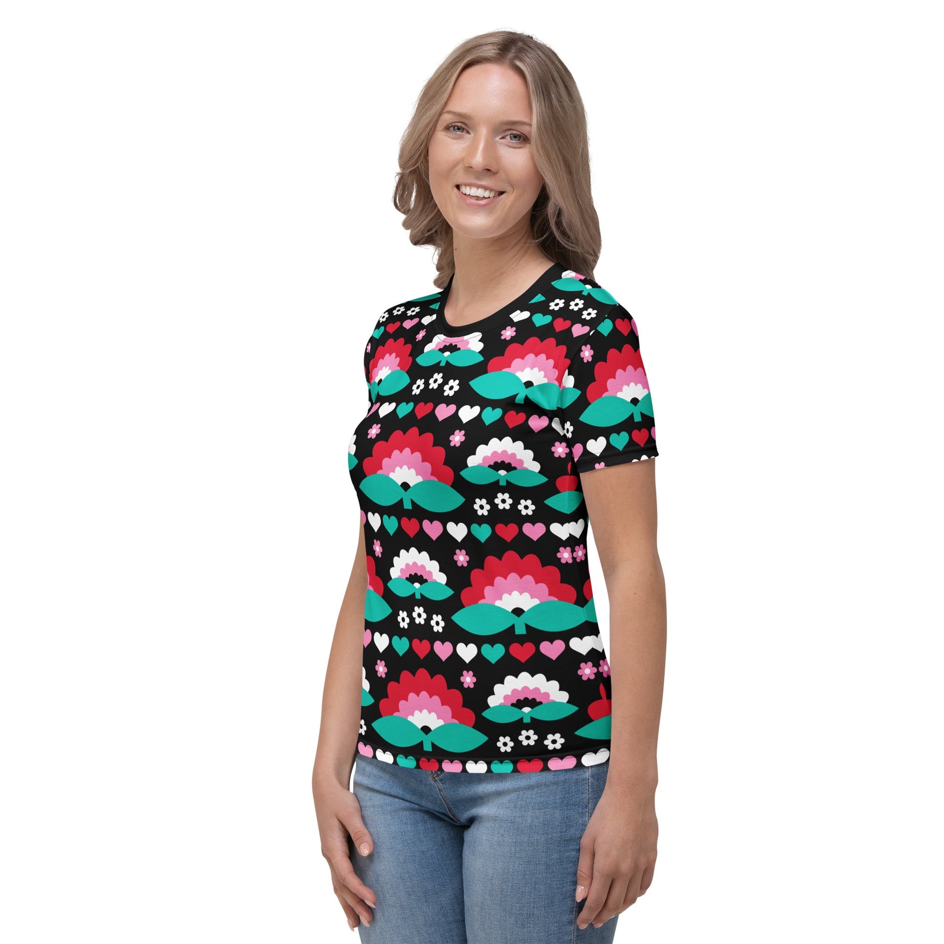 Woman's t-shirt - FALL IN LOVE red - Elegant flower and heart print