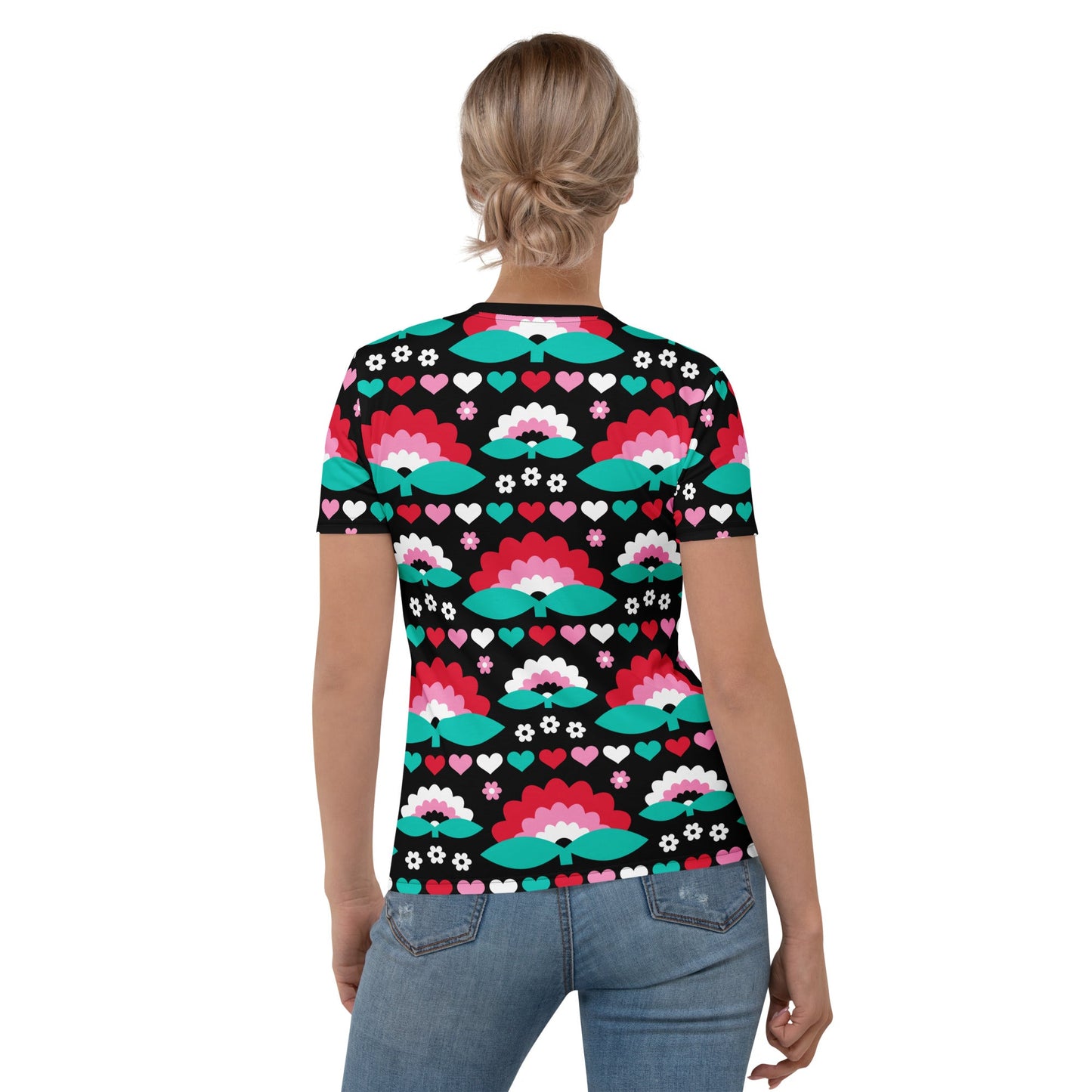 Woman's t-shirt - FALL IN LOVE red - Elegant flower and heart print