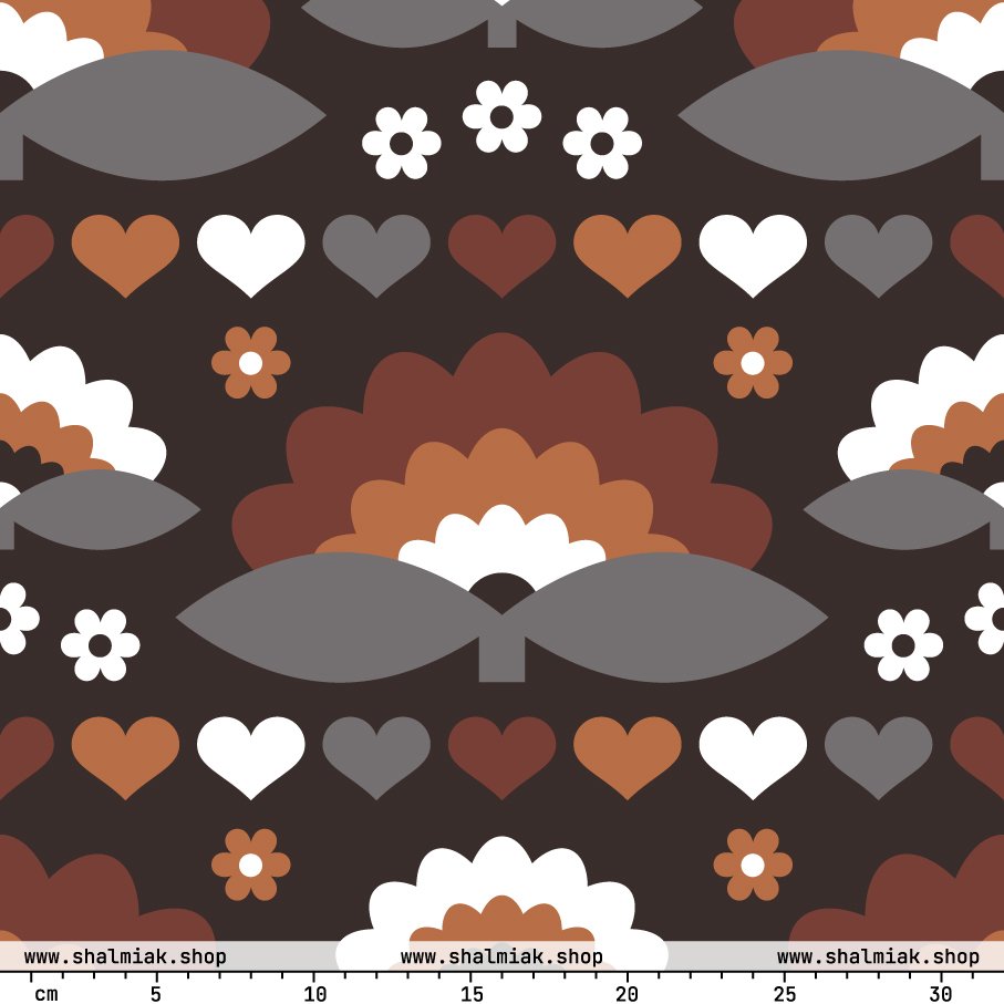 Fabric - FALL IN LOVE mocca - Elegant flower and heart print
