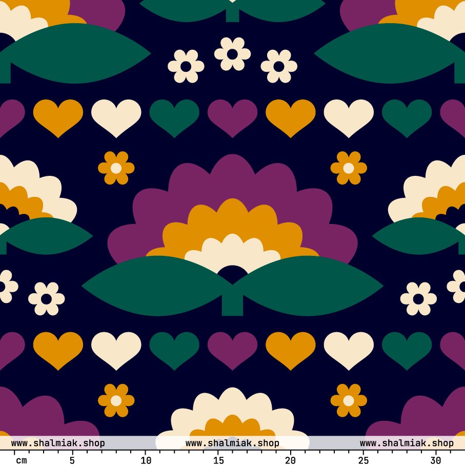 Fabric - FALL IN LOVE purple - Elegant flower and heart print