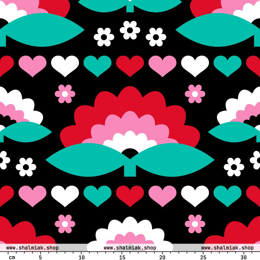 Fabric - FALL IN LOVE red - Elegant flower and heart print