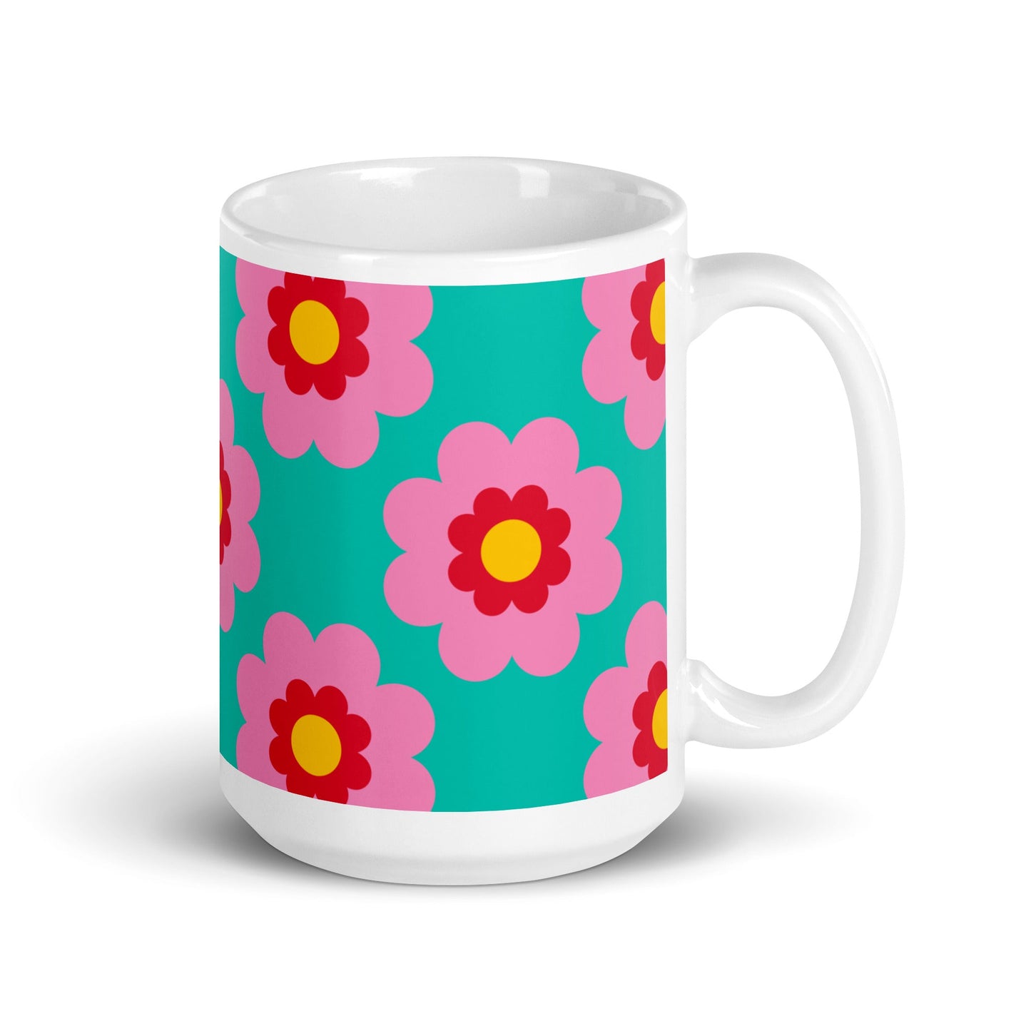 Mug - FANCY BLOOM pink mint - Pretty floral print 15 oz