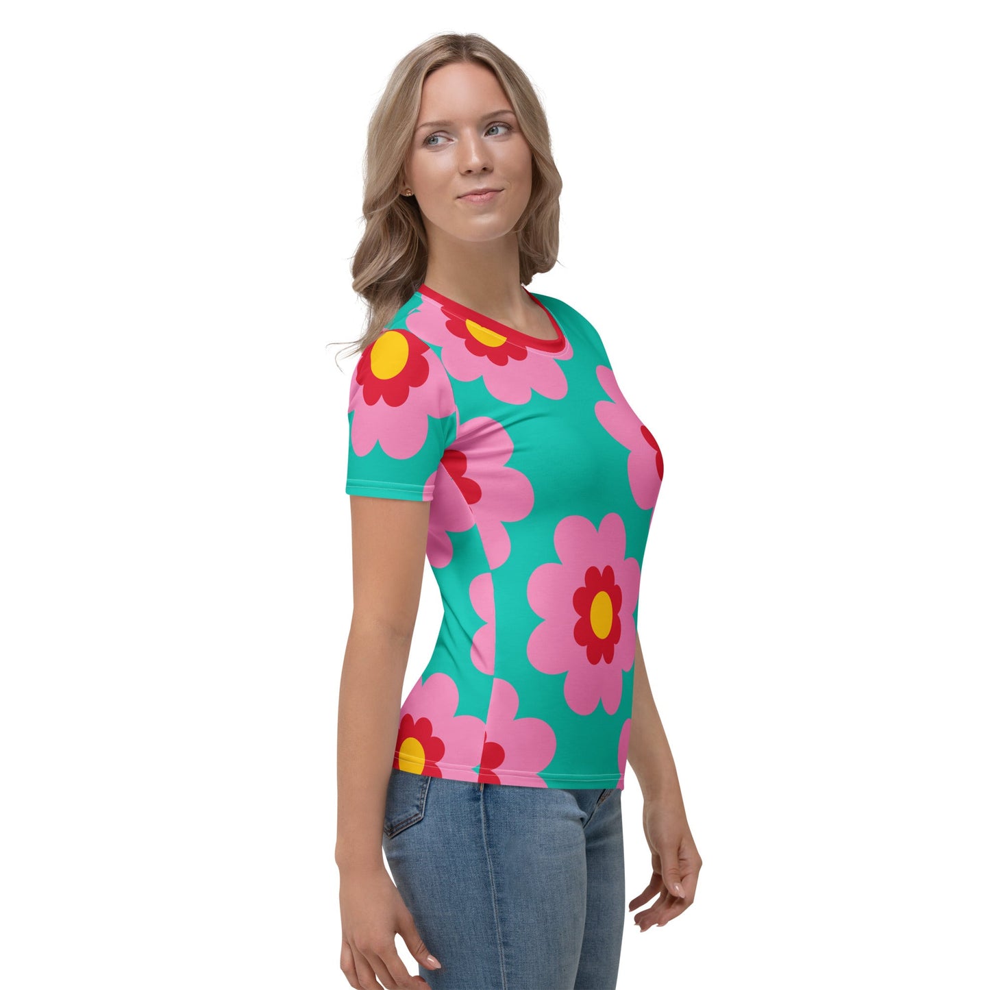 Woman's t-shirt - FANCY BLOOM pink mint - Pretty floral print