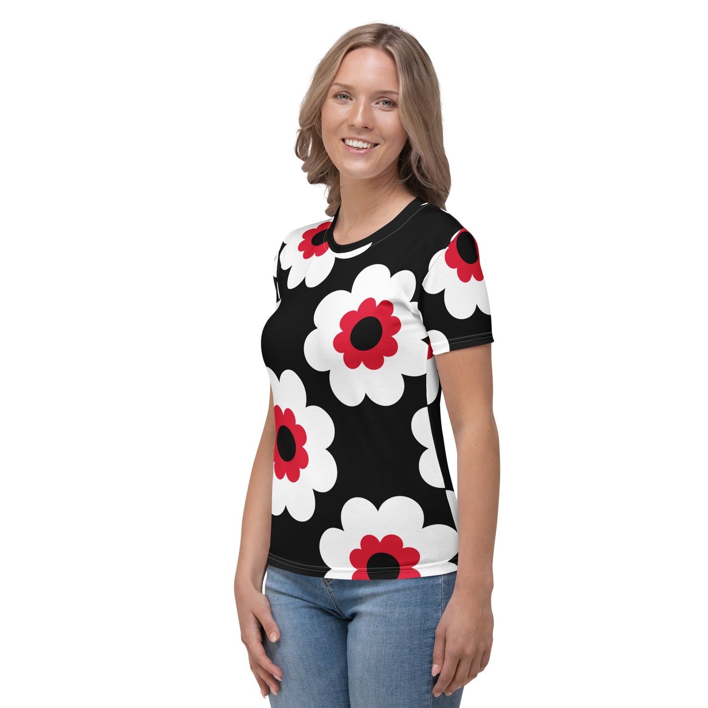 Woman's t-shirt - FANCY BLOOM red black - Pretty floral print