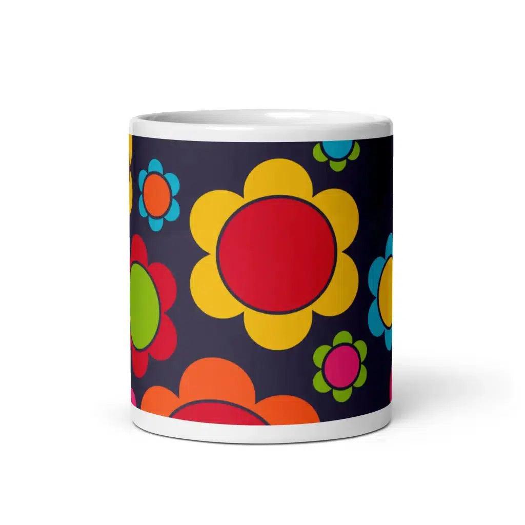 Mug - FLORA PEACE dark blue - Colorful retro floral print 11oz