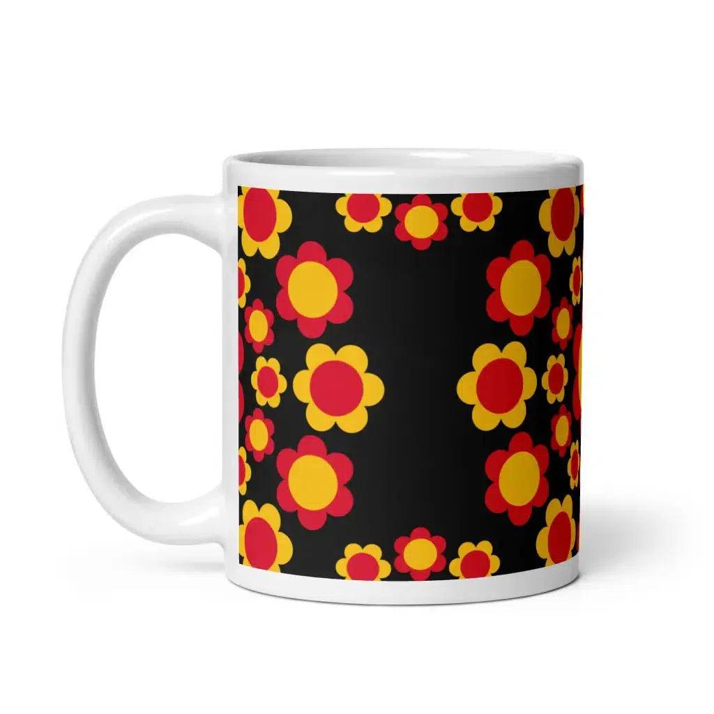 Mug - FLOWERSHOP red yellow - Retro flower and circle print 11oz