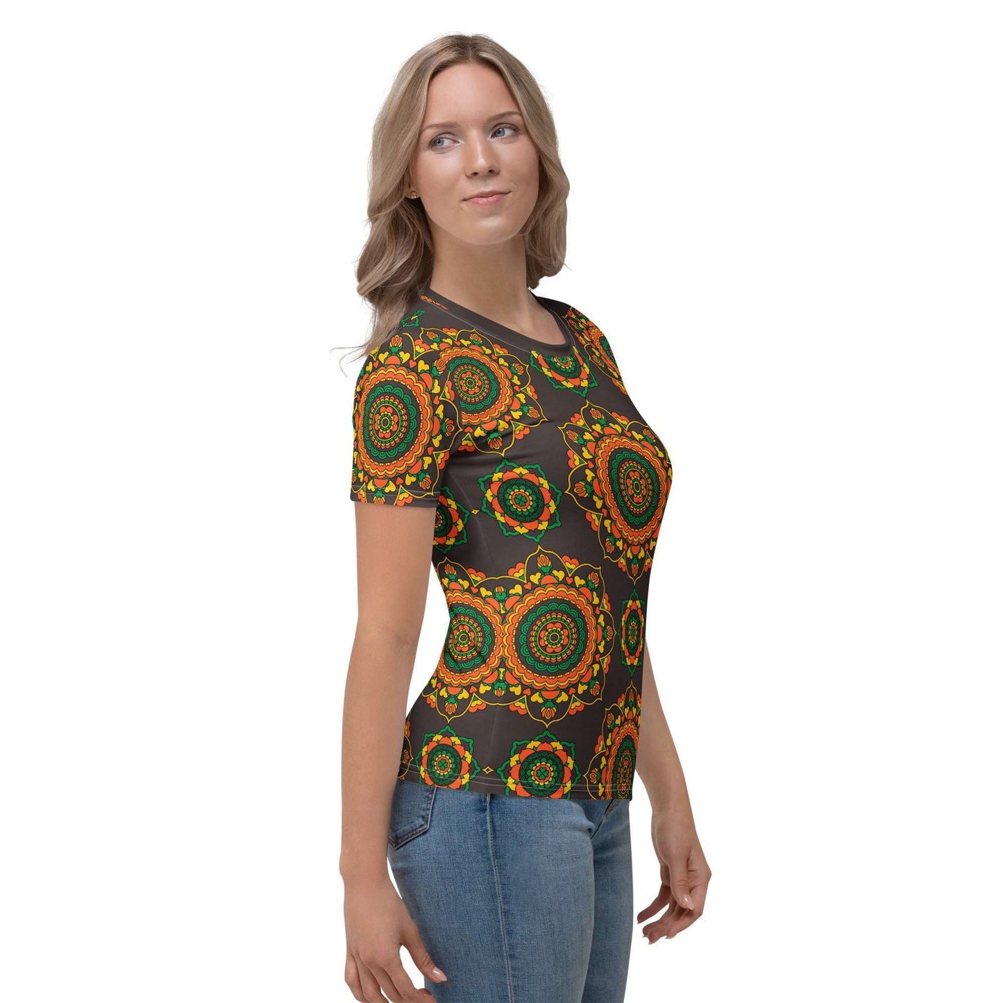 Woman's t-shirt - FOREVERMORE green brown - Romantic flower and heart print