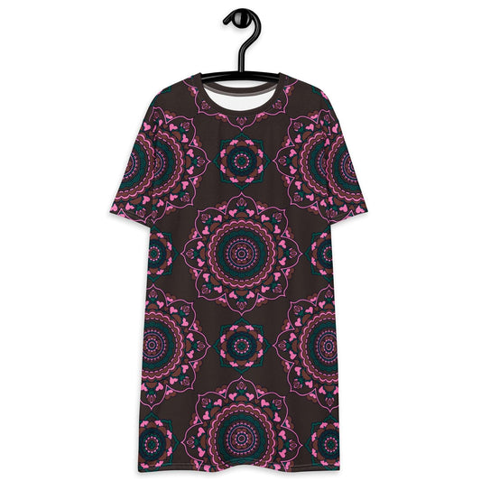 T-Shirt Dress - FOREVERMORE pink brown - Romantic Flowers and Hearts