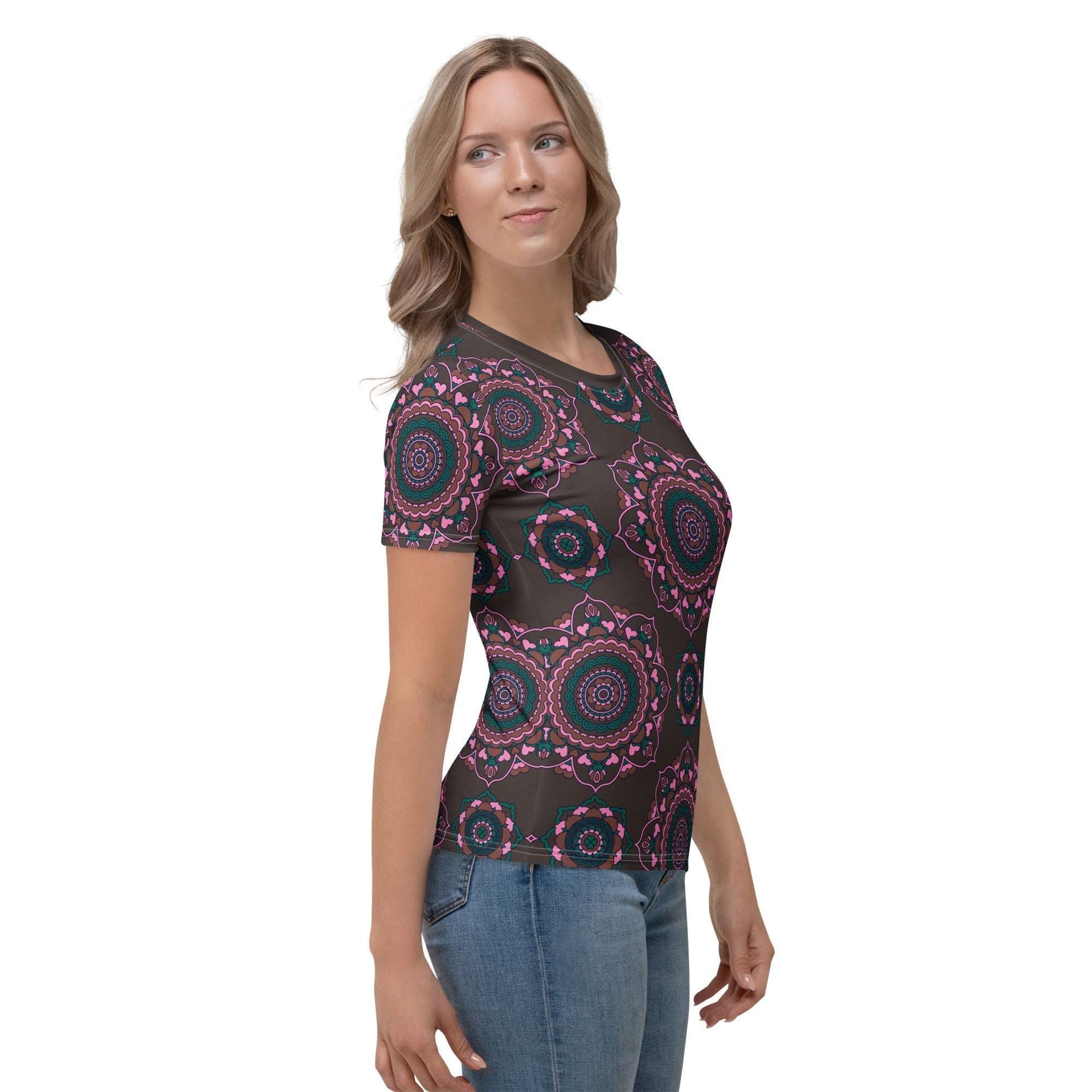 Woman's t-shirt - FOREVERMORE pink brown - Romantic flower and heart print