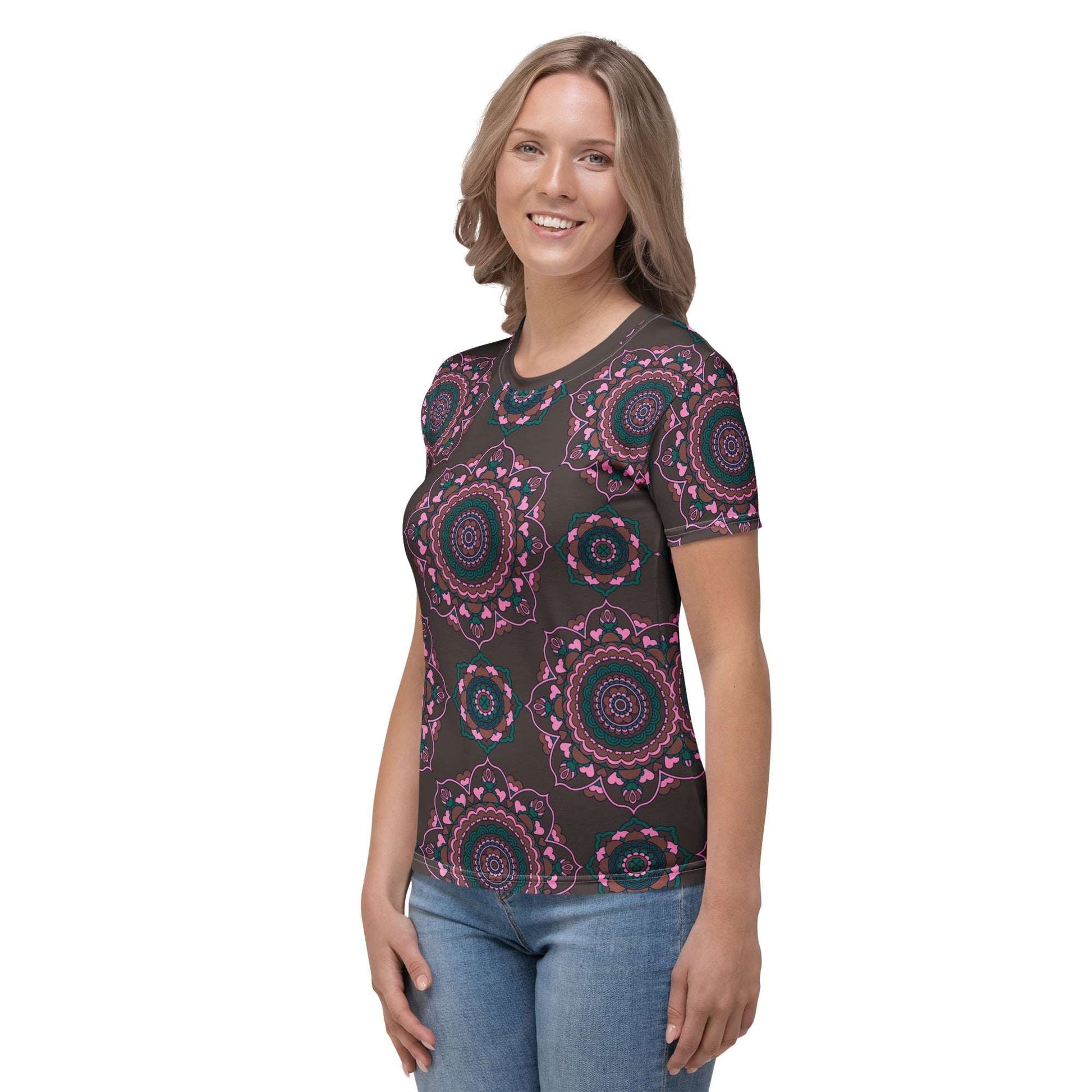 Woman's t-shirt - FOREVERMORE pink brown - Romantic flower and heart print