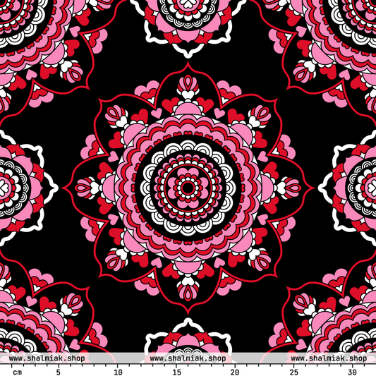 Fabric - FOREVERMORE red black - Romantic flower and heart print