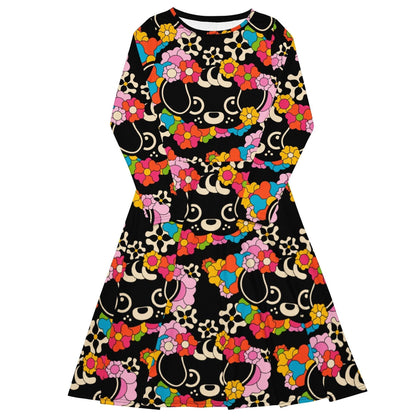 Midi dress - FUNKYPUP black - Cute dogs and flowers print 6XL